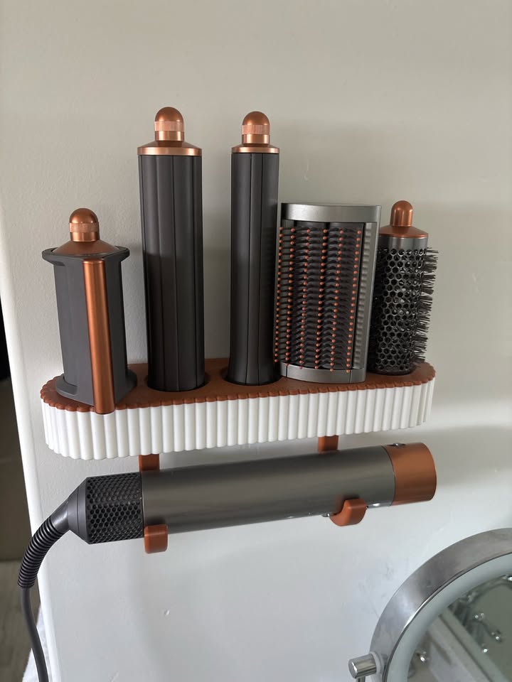 3D Printed Wall-Mounted Hair Styler Organizer — Storage Shelf & Dock for Airwrap-Style Tools, Attachments Holder for Bathroom
