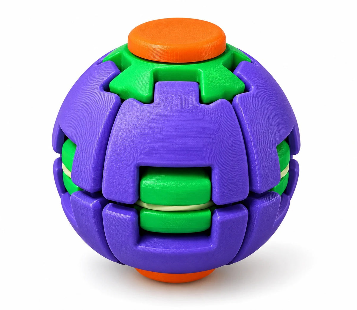 Twist Orb fidget ball in purple and green with orange caps
