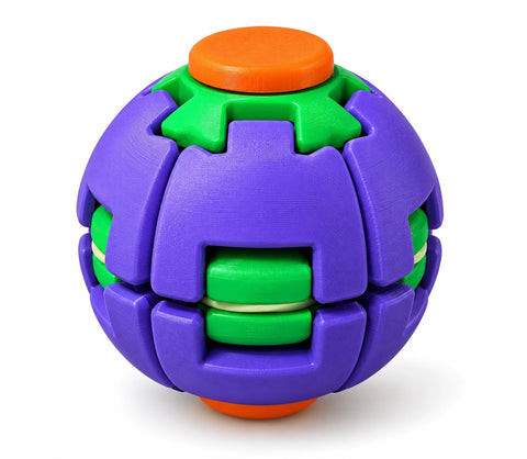 Twist Orb fidget ball in purple and green with orange caps