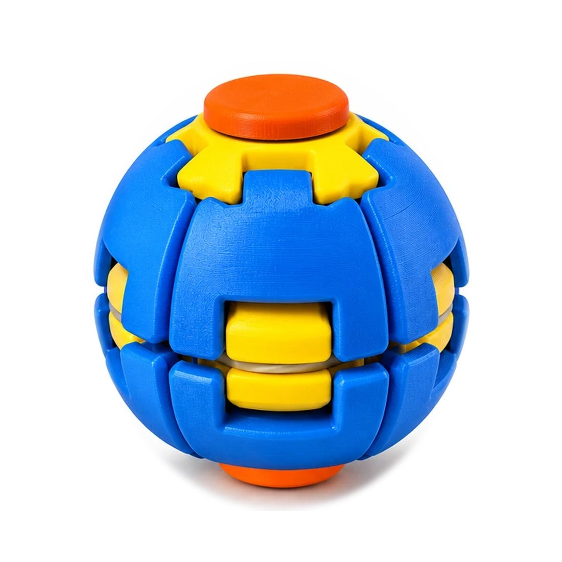 Twist Orb fidget ball in blue and yellow with orange caps